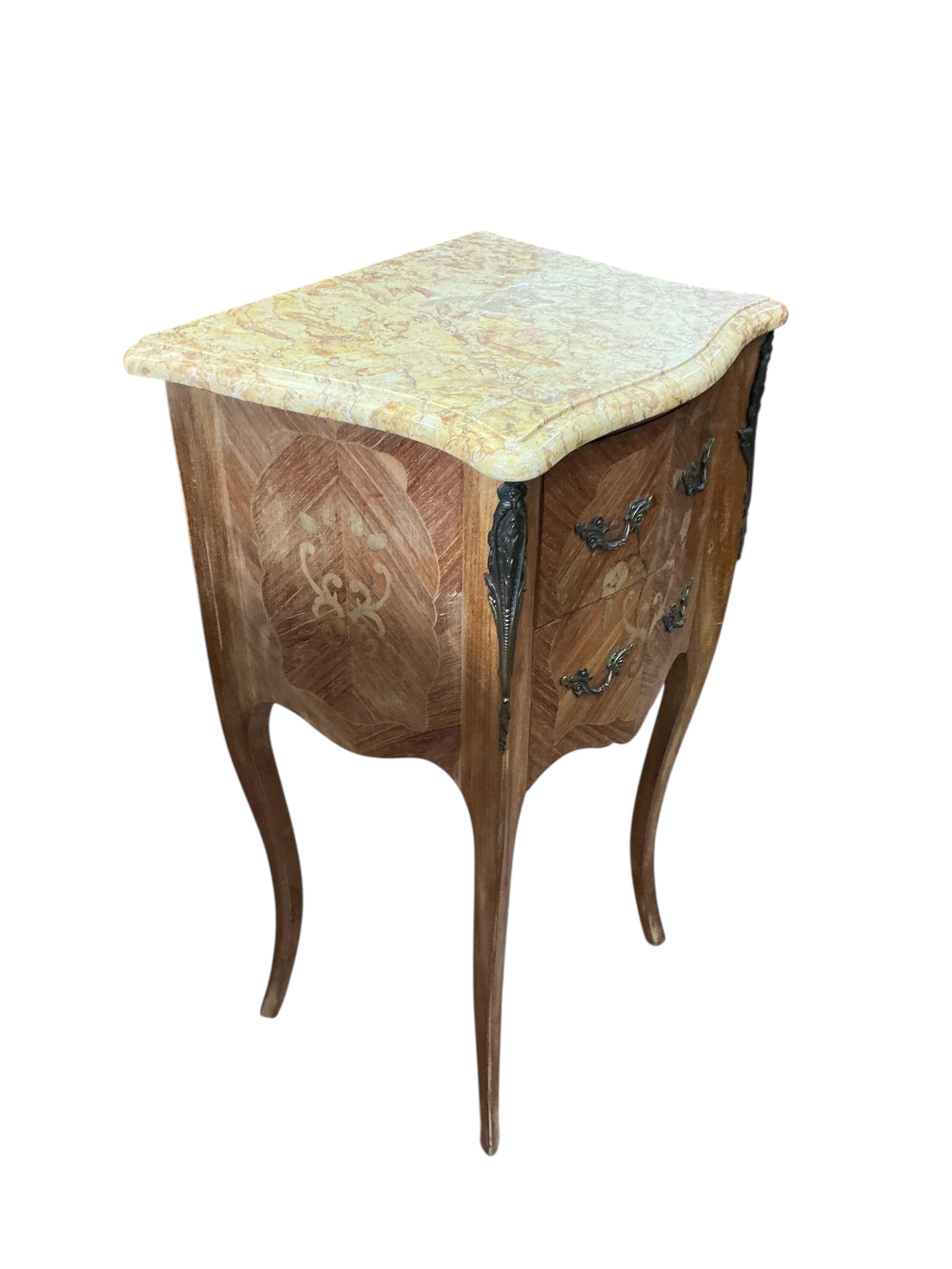 A pair of French gilt metal mounted marquetry inlaid kingwood marble top serpentine bedside chests, width 42cm, depth 32cm, height 72cm